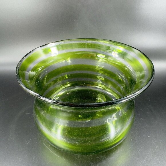 Blenko Art Glass Bowl Planter Flower Pot Hand Blown Green Clear Lines Round Vtg - Picture 11 of 16